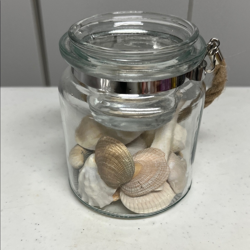 Coastal Glass Jar with Seashells & Candle Holder | Beach Decor Accent Gift